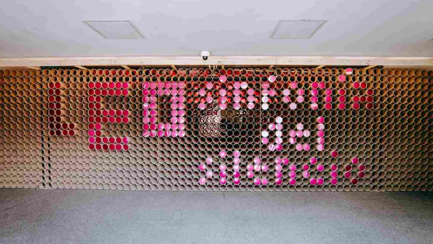 An artistic installation crafted from cardboard tubes and pink elements that spell out the phrase 'León de libros' inside a cultural exhibition space.