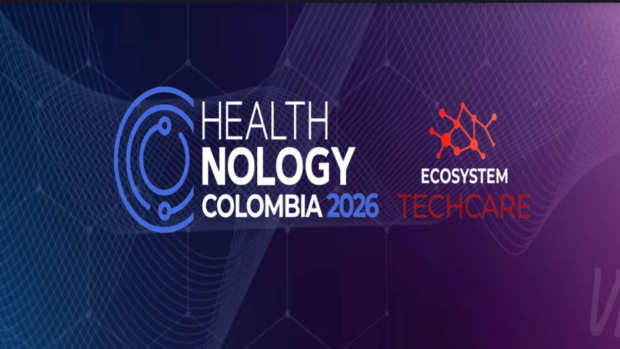 Diseño tecnológico en tonos morados y azules con letras blancas y brillantes que promociona este evento médico.