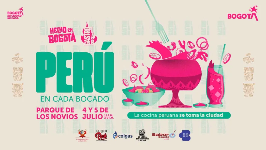 A white “Hecho en Bogotá” flyer featuring the slogan “Peru en cada bocado” and illustrations of traditional dishes in pink and green.