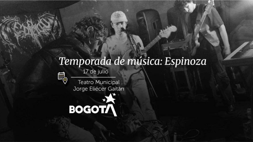 Imagen en blanco y negro de una banda para el evento "Temporada de música: Espinoza" en el Teatro Jorge Eliécer Gaitán.