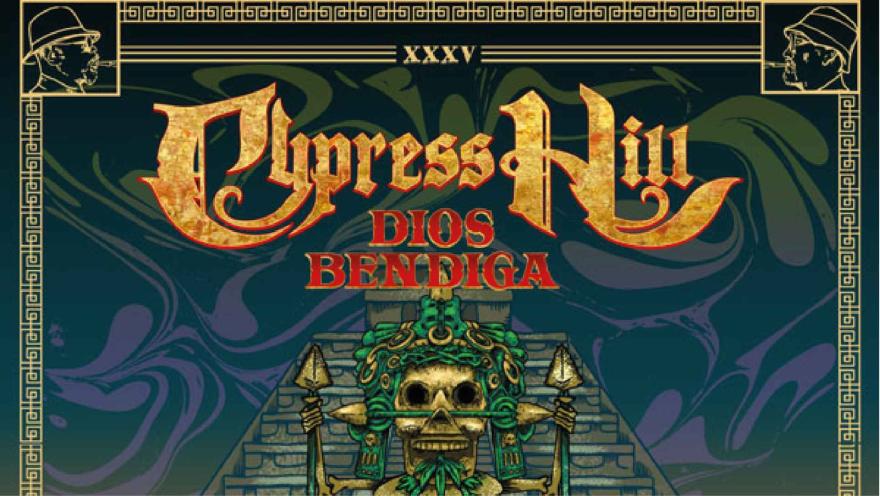 Arte de estilo prehispánico con calaveras y un templo maya, con el nombre de Cypress Hill en letras doradas.