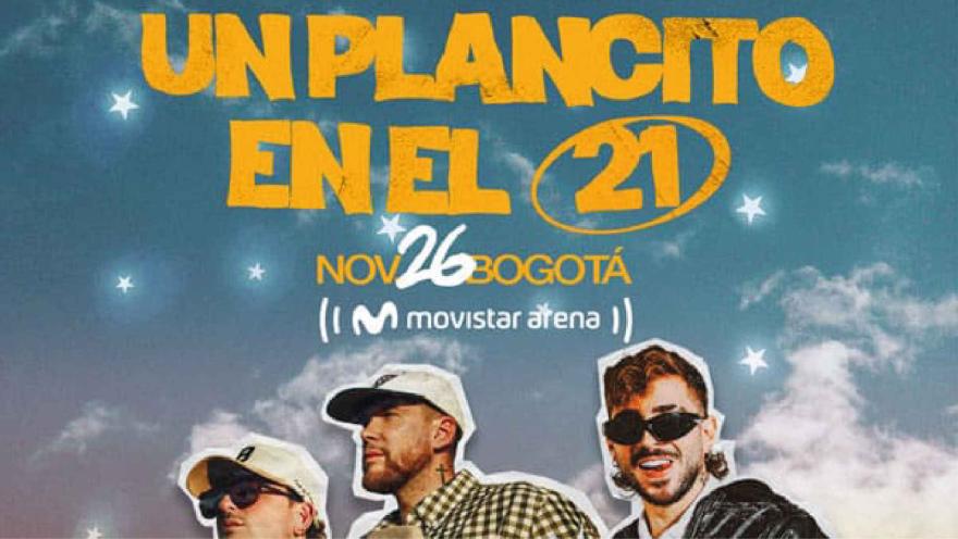 Un cartel de estilo collage de tres hombres con sombreros y gafas de sol, posando sobre un fondo de cielo azul con estrellas blancas.
