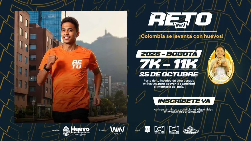 Banner del evento deportivo Reto Win 2026 en Bogotá, con un corredor vistiendo camiseta naranja en la calle.