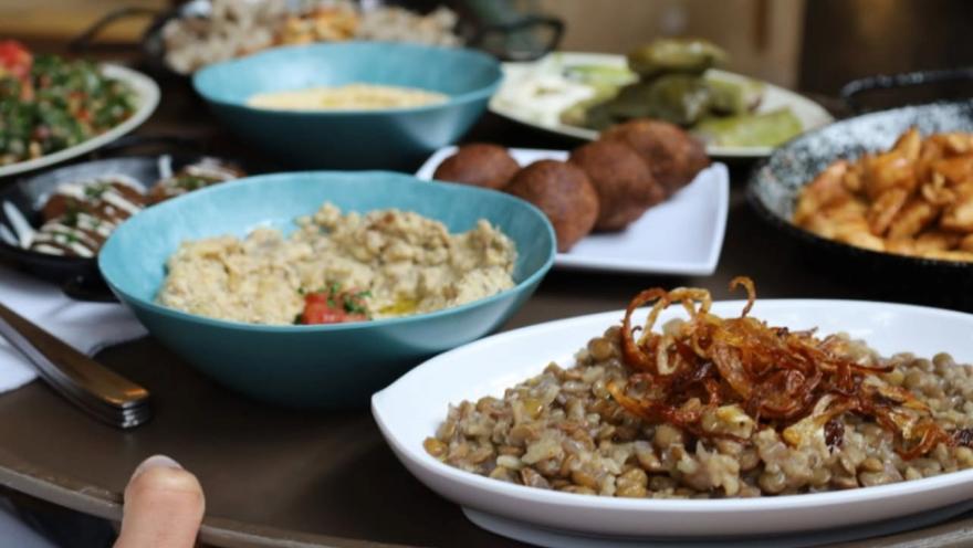 Selección de platos libaneses con hummus, kibbeh, falafel, lentejas y diferentes acompañamientos.