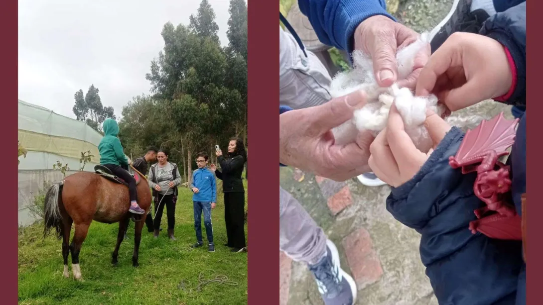  Un niño montado a caballo, mientras otro niño y una mujer adulta lo observan y le toman fotos.