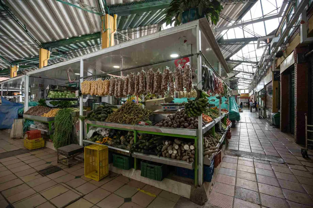 La fotografía presenta un amplio puesto de venta de verduras y frutas en un mercado cubierto. Numerosos tipos de vegetales frescos, como pepinos, cebollas y plátanos, están cuidadosamente apilados en estantes y colgados. Se observan ristras de ajos colgando en la parte superior. El pasillo del mercado, con su techo de láminas, se extiende hacia el fondo, mostrando más puestos en la distancia.