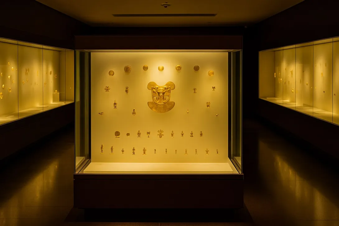Interior del Museo del Oro en un salón oscuro en donde se iluminan piezas doradas en una vitrina.