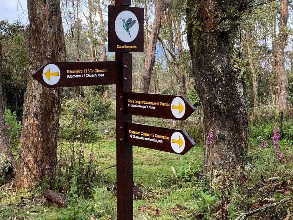 Señalización turística en un bosque de Bogotá que indica rutas ecológicas y senderos hacia diferentes puntos naturales.