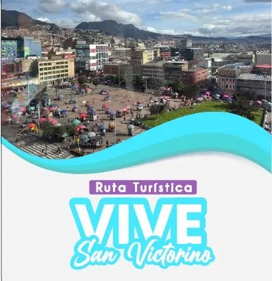 Imagen promocional de la Ruta Turística Vive San Victorino, con una vista panorámica del sector comercial y urbano del centro de Bogotá. En primer plano destaca el logotipo de la ruta, que invita a descubrir la historia, la cultura y la amplia oferta de compras de este emblemático destino de la ciudad.