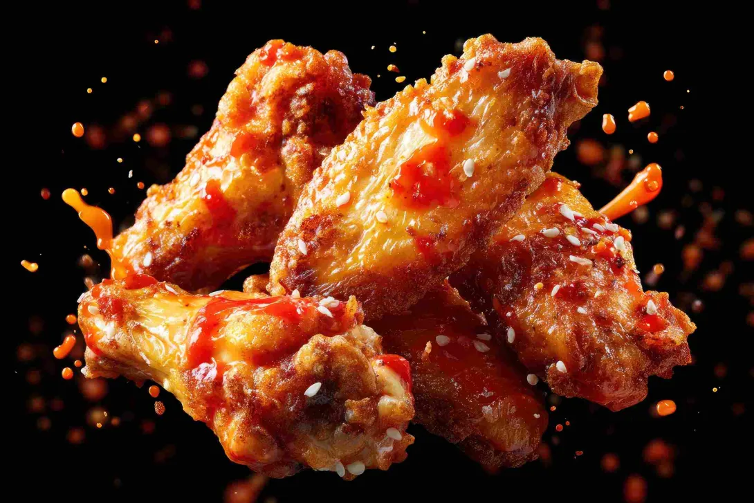 Foto1: Alitas de pollo crujientes bañadas en salsa picante y espolvoreadas con semillas de sésamo. Imagen de pngtree.com