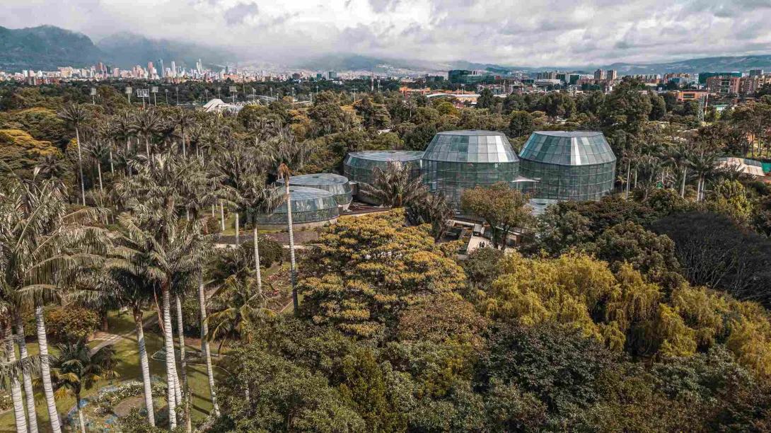 Vista aérea del Jardín Botánico de Bogotá, con el Tropicario entre jardines y palmas, y la ciudad al fondo.
