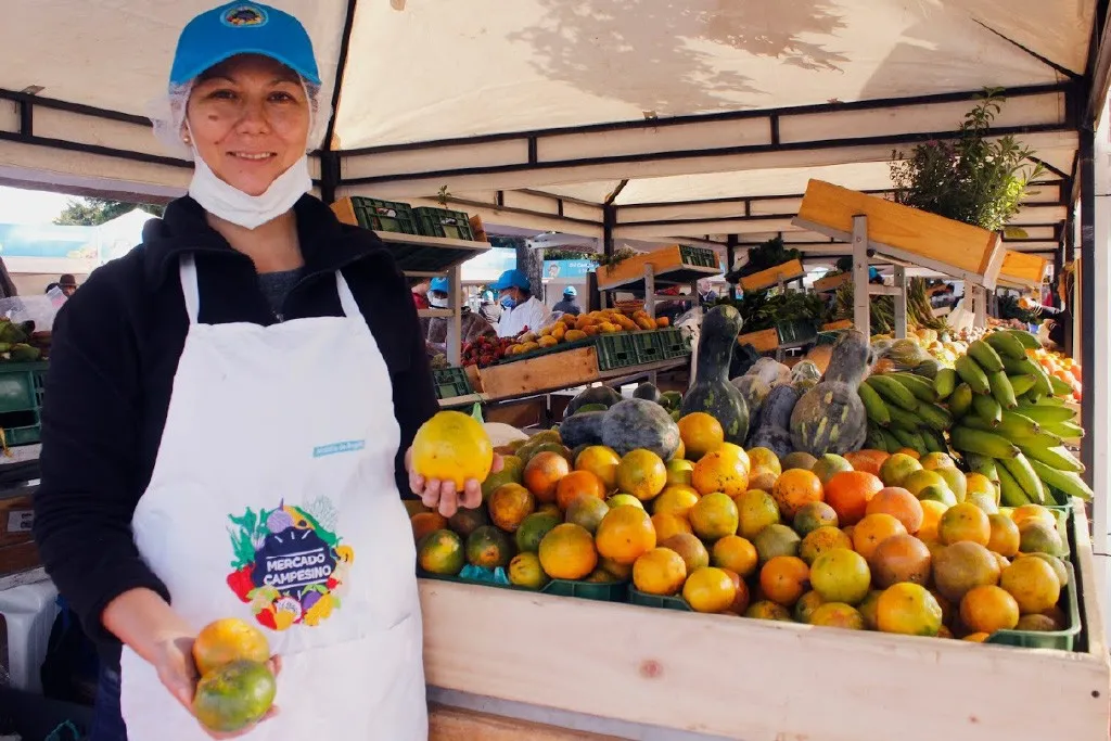  Vendedora de un mercado campesino ofrece frutas frescas en un puesto de alimentos.
