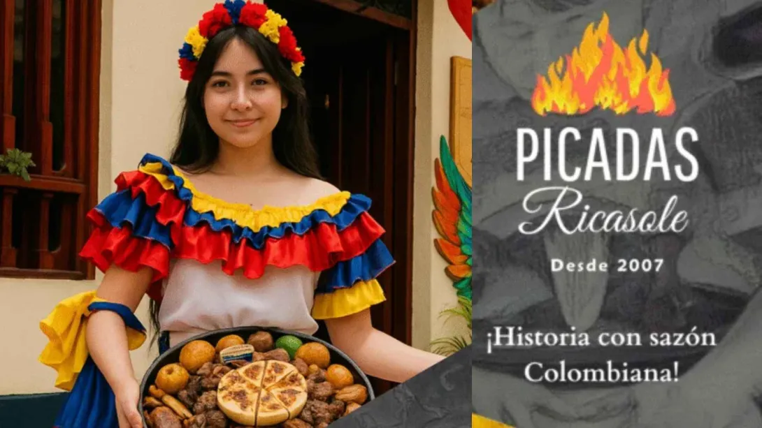Mujer con blusa de la bandera de Colombia sosteniendo una bandeja de picada típica al lado del logo de Ricasole.  